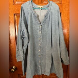 Woman Within 4X Chambray Pinch Pleated Button Front Top Long Sleeves V Neck